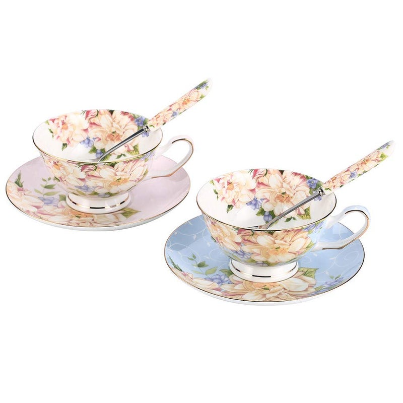 JinGlory Tea Cups,Floral Tea Cups and Suacers Set,Bone China Tea Set of 2,Coffee Cups,Tea Set for Adults/Friends/Lover,7OZ(Blue/Pink) - Image 1